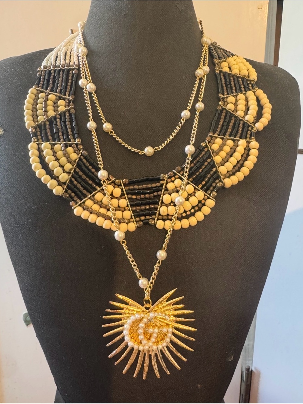 Gold Pearl Gucci Pin Upcycled on a Sunburst Pendant Necklace - Picture 5 of 5